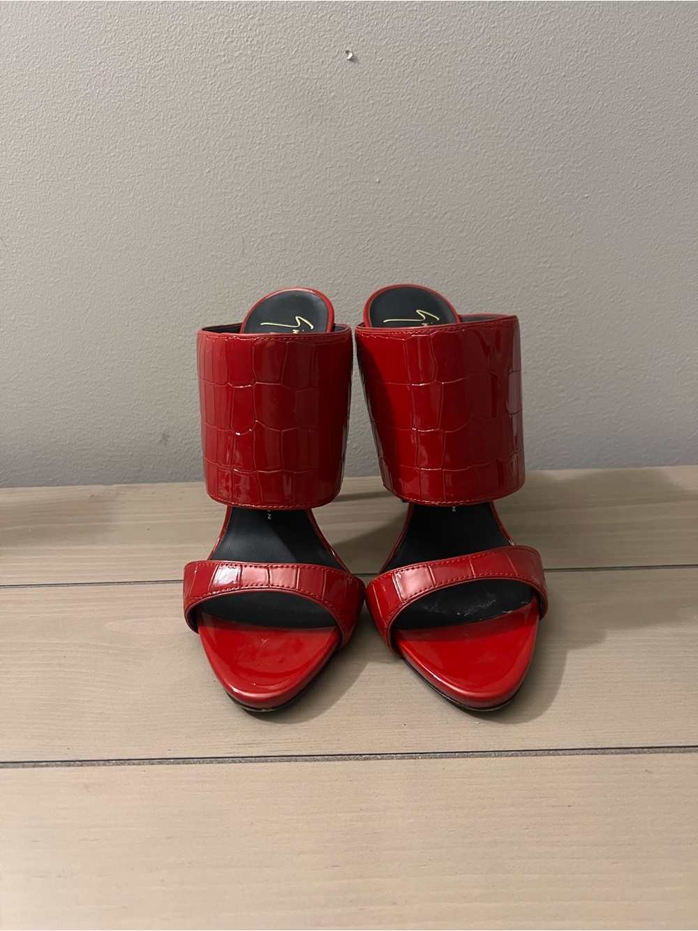 Giuseppe Zanotti Red Croc-Embossed Patent Block Heel Sandals
